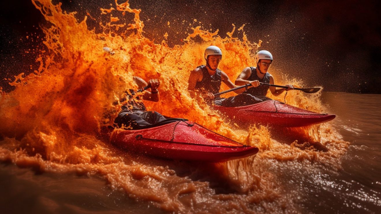 Kayaking and Canoeing down Lava flows. Digital and AI Art